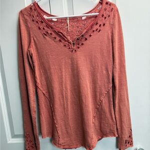 Free People Terracotta Lace Long Sleeve Top